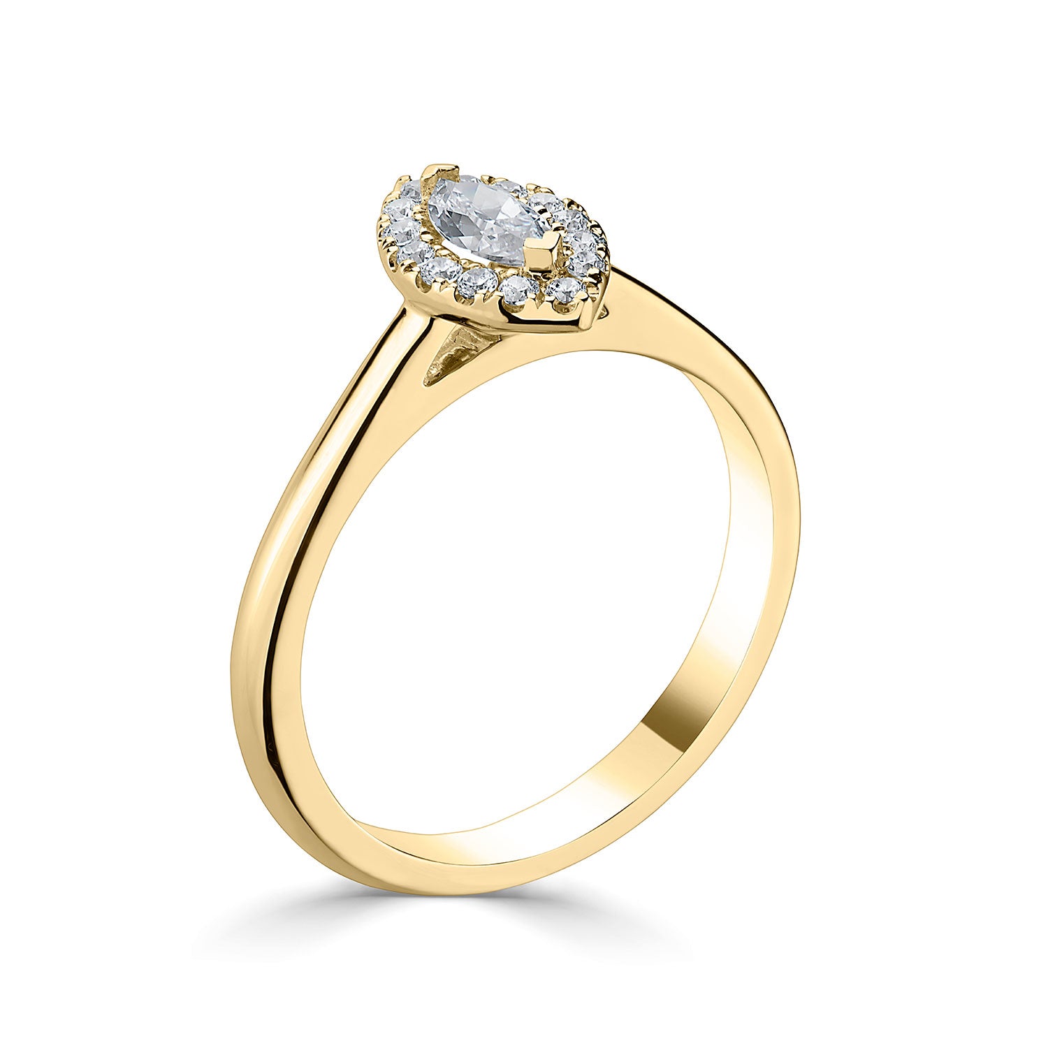 18ct Yellow Gold Marquise Halo Style Diamond Ring With Plain shoulders