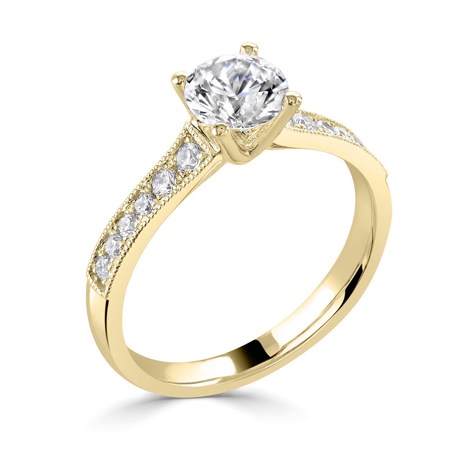 18ct Yellow Gold Four Claw Diamond Ring With Milgrain And Diamond Shoulders