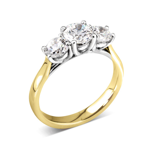 18ct Yellow Gold And Platinum Trilogy Diamond Engagement Ring. Slightly larger Centre Stone