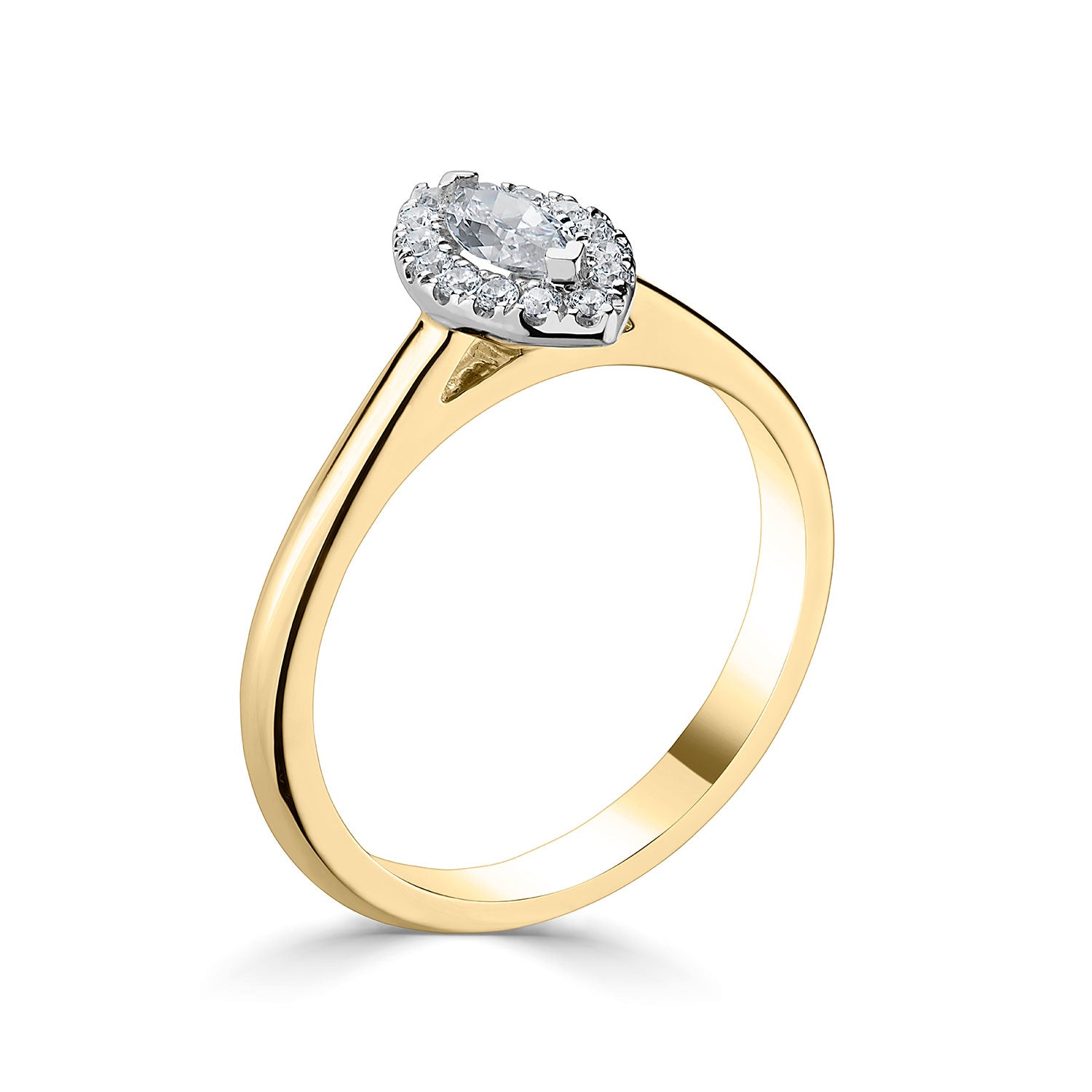 18ct Yellow Gold And Platinum Marquise Halo Style Diamond Ring With Plain shoulders