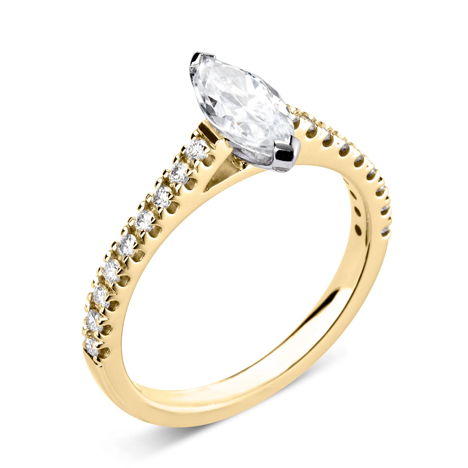 18ct Yellow Gold And Platinum Centre Marquise And Diamond Shoulder Ring