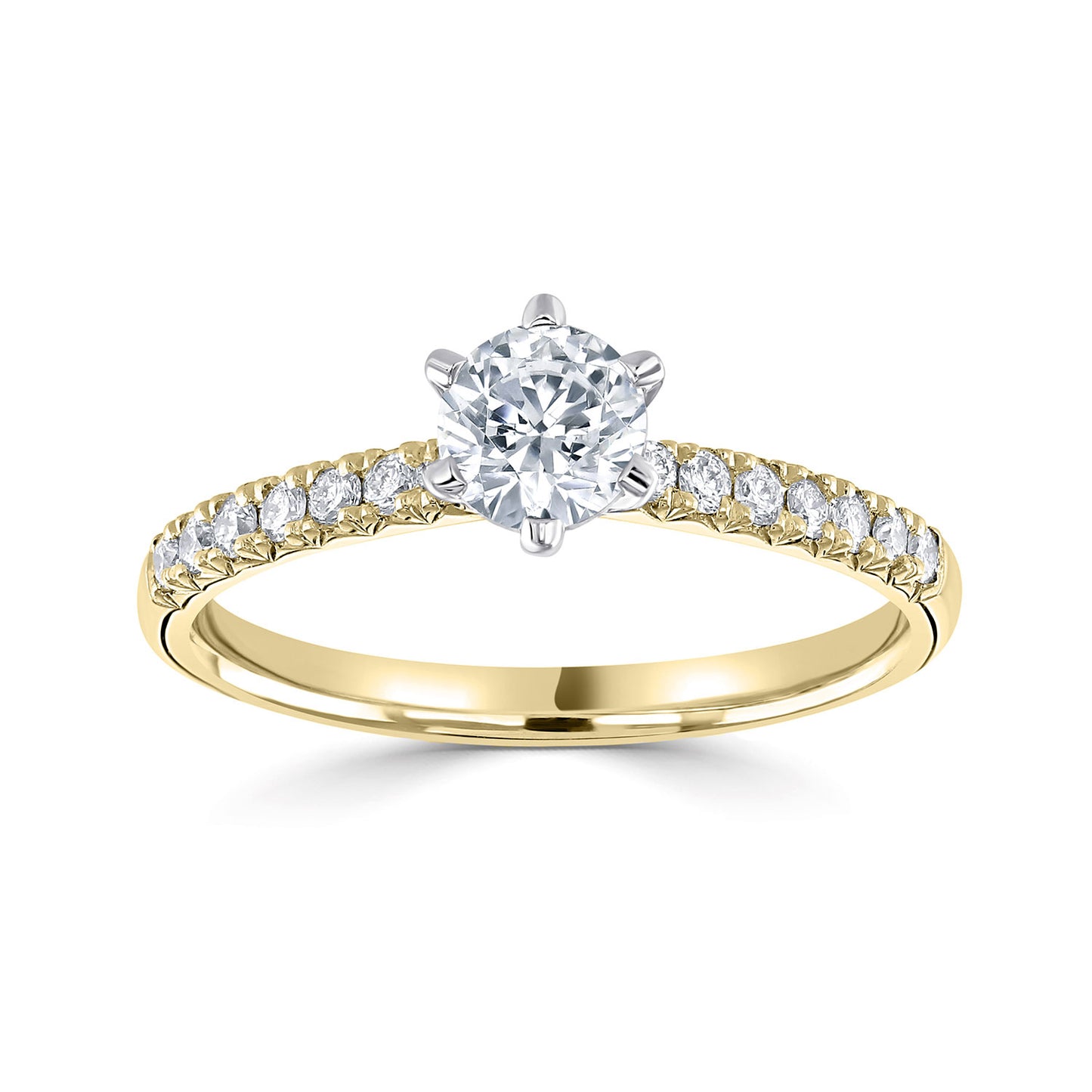 18ct Yellow Gold And Platinum Six Claw Diamond Ring With Diamond Shoulders