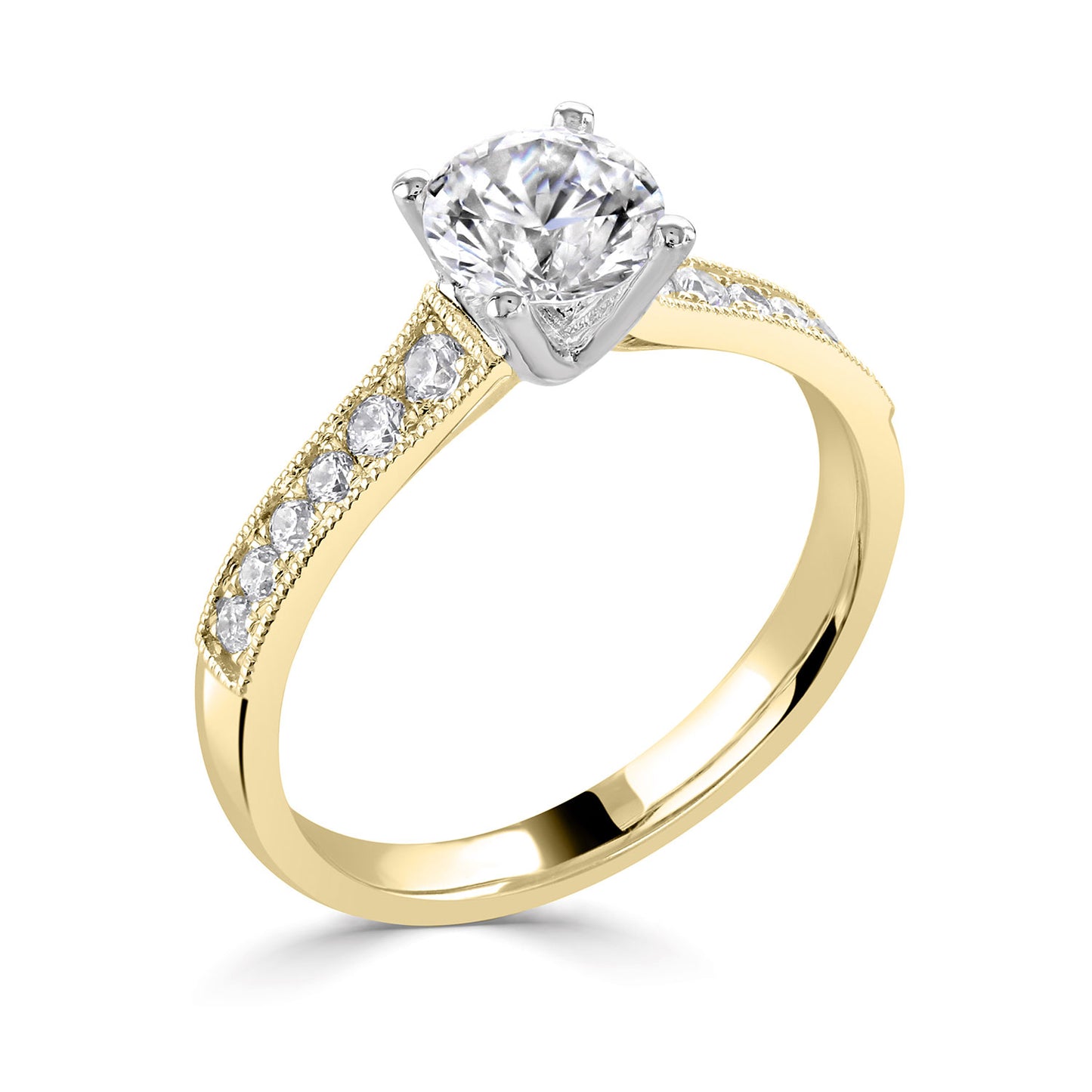 18ct Yellow Gold And Platinum Four Claw Diamond Ring With Milgrain And Diamond Shoulders