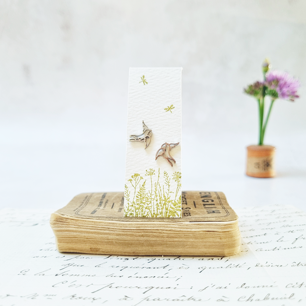 Delicate Blue Bird Stud Earrings in a Bottle