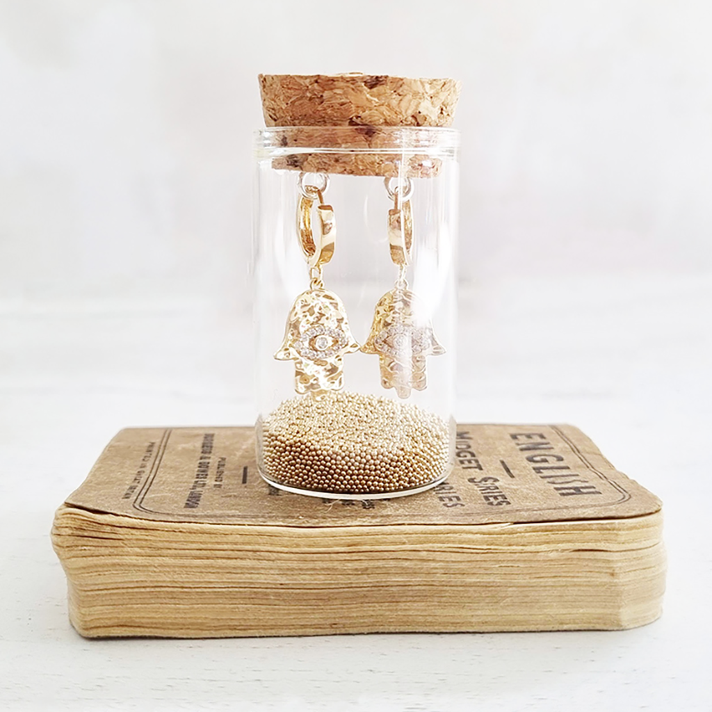 Crystal Hamsa Hand Petite Gold Plated Earrings in a Bottle