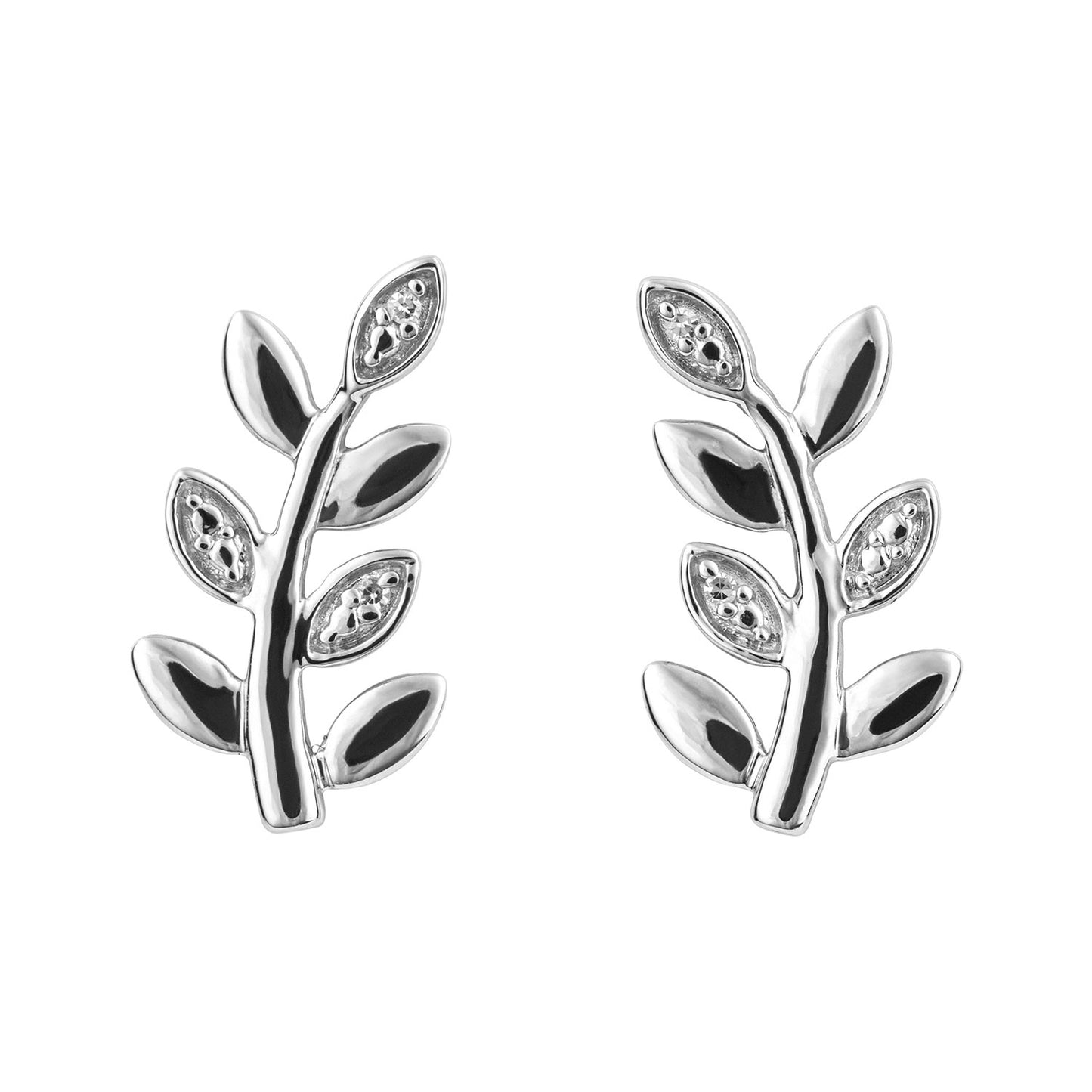 9ct White Gold Diamond Set Leaf Earrings.