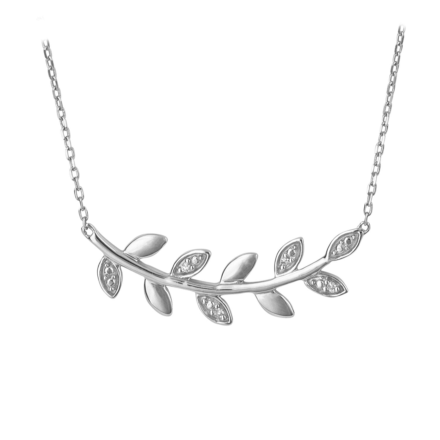 9ct White Gold Diamond Set Leaf Necklace.