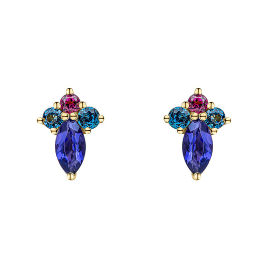 9ct Yellow Gold Iolite, Blue Topaz And Rhodolite Set Earrings