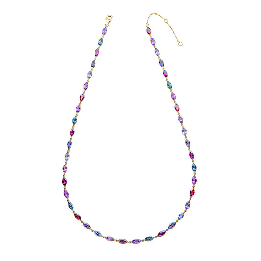 9ct Yellow Gold Tanzanite, Amethyst, Rhodolite, Brazilian Garnet, Blue Topaz And Iolite Set Necklace.