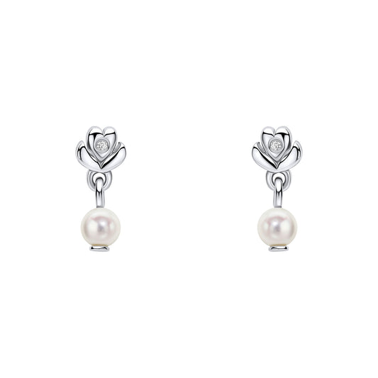 Sterling Silver Freshwater Pearl And Diamond Stud Earrings