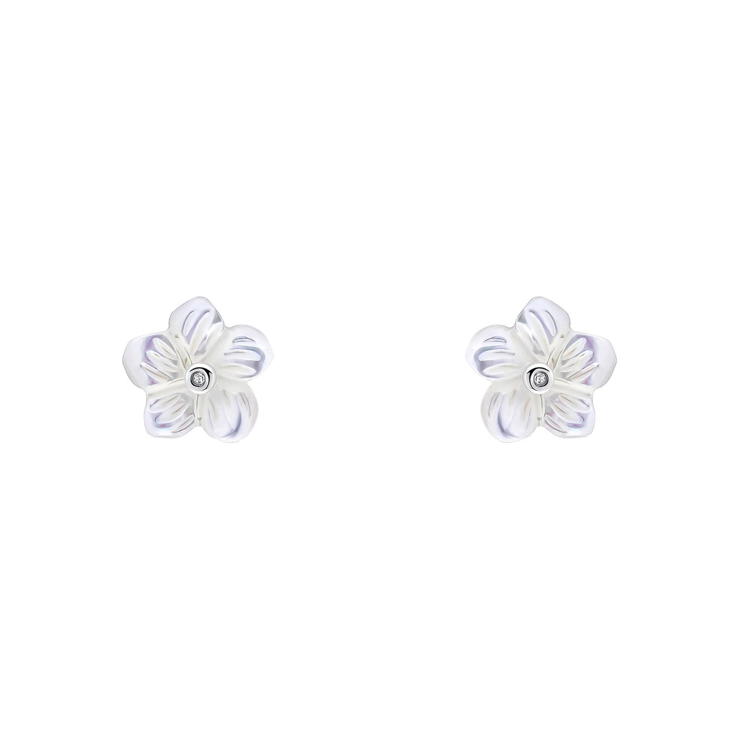 Sterling Silver Diamond Set Mother Of Pearl Flower Earrings