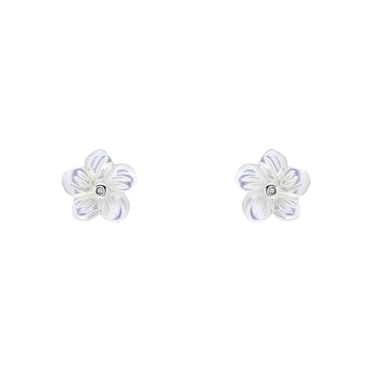 Sterling Silver Diamond Set Mother Of Pearl Flower Earrings