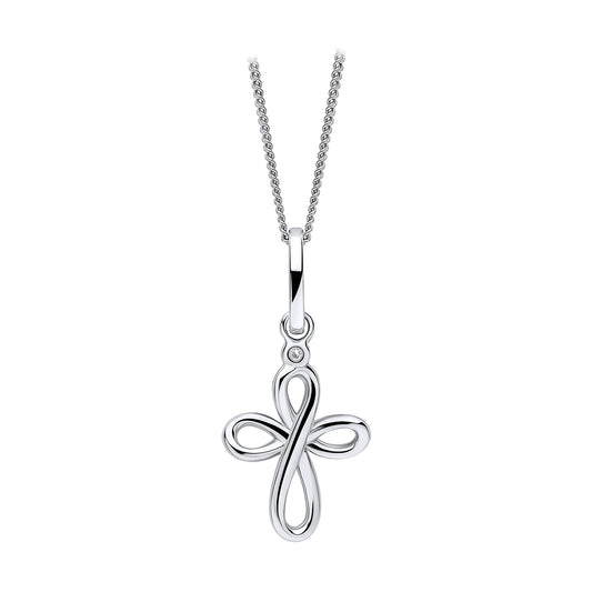 Sterling Silver Twirly Cross Pendant Set With Diamond