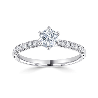 Platinum Six Claw Diamond Ring With Diamond Shoulders