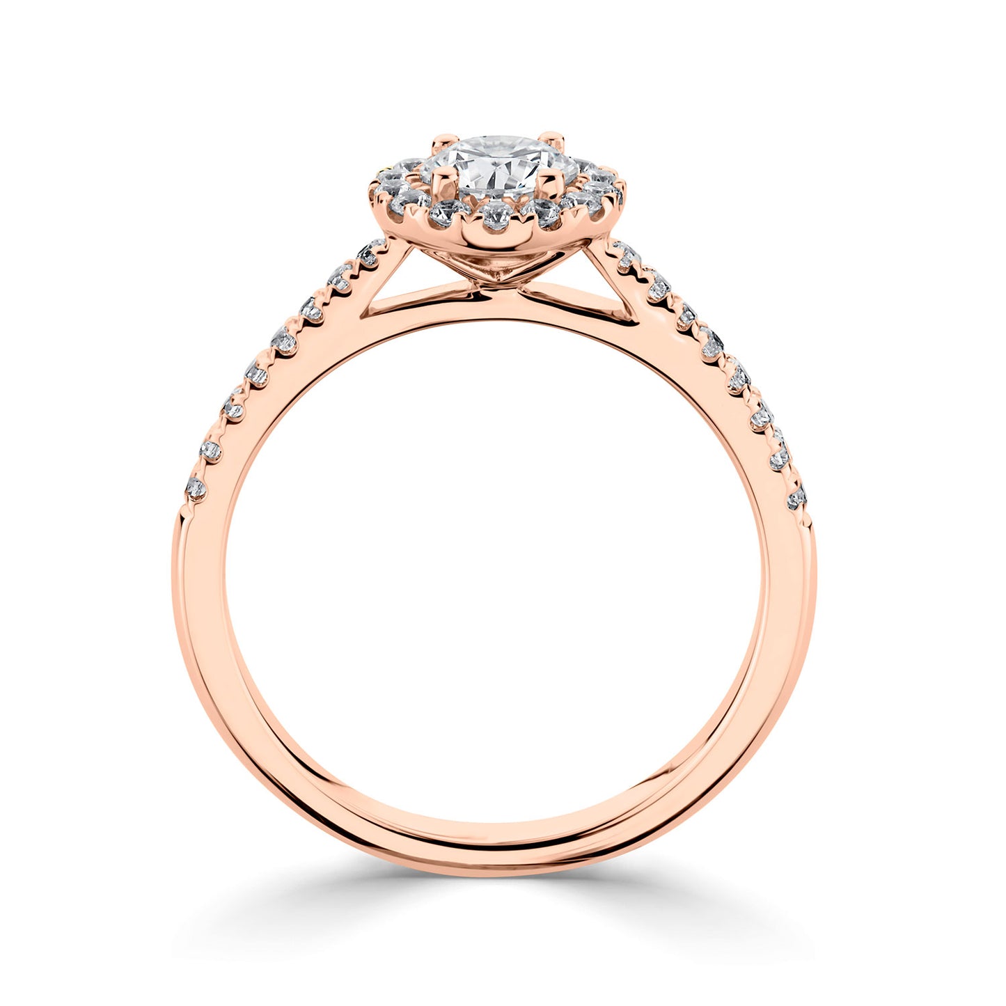 18ct Rose Gold Diamond Set Halo Style Engagement Ring With Shoulder Stones