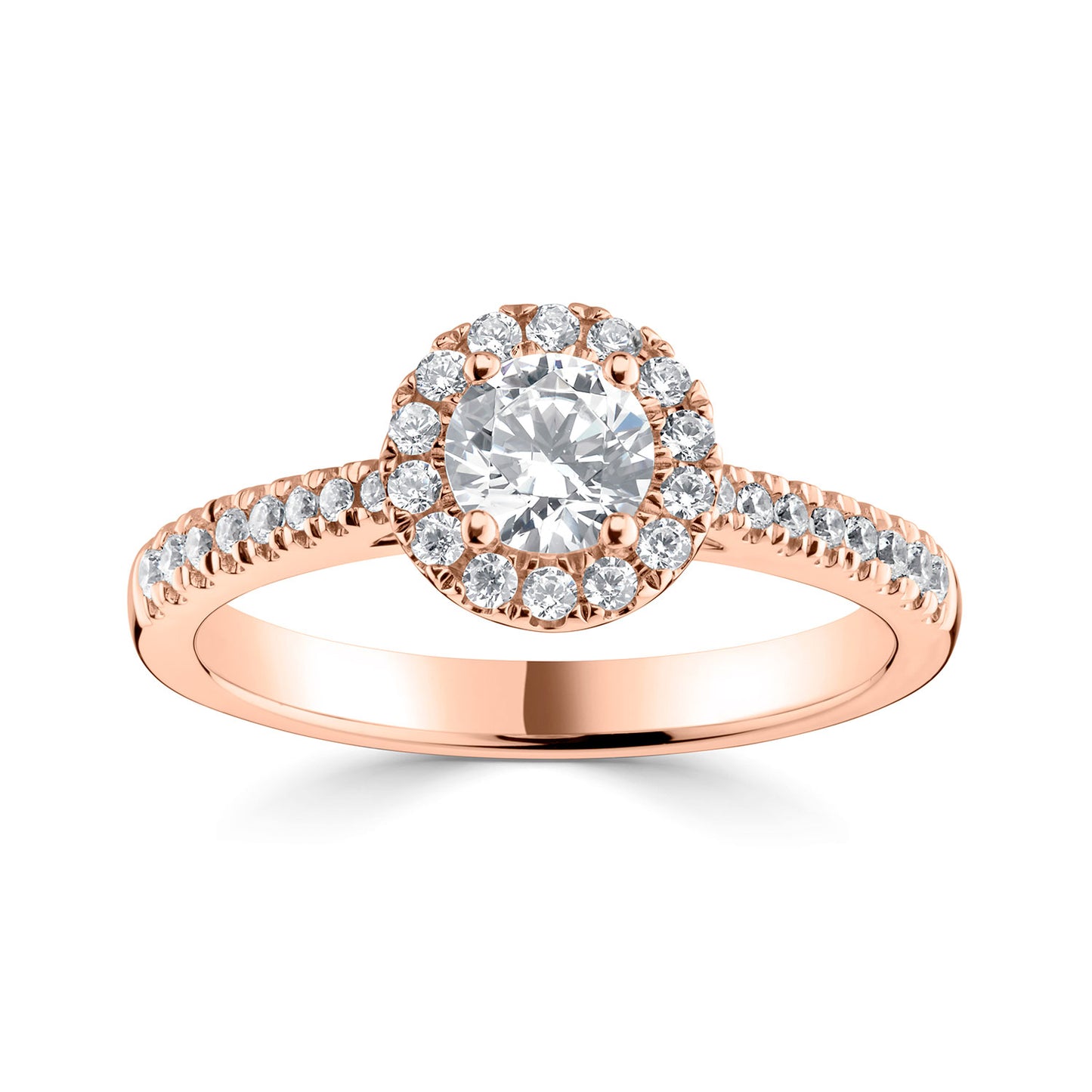 18ct Rose Gold Diamond Set Halo Style Engagement Ring With Shoulder Stones