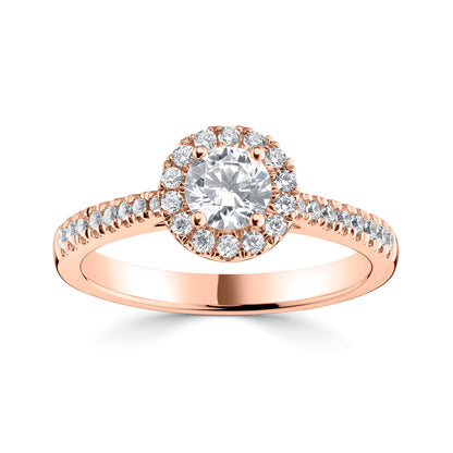 18ct Rose Gold Diamond Set Halo Style Engagement Ring With Shoulder Stones