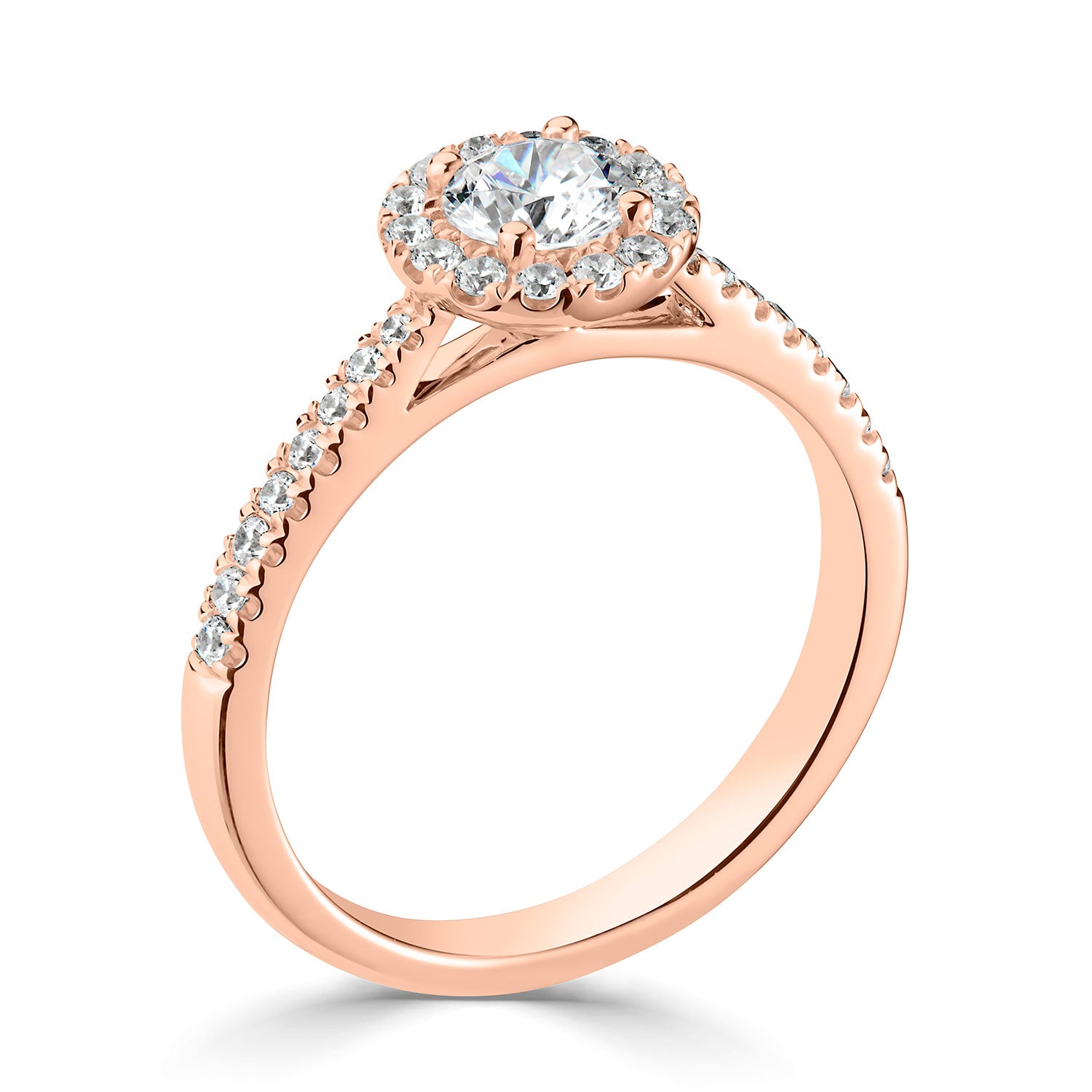 18ct Rose Gold Diamond Set Halo Style Engagement Ring With Shoulder Stones