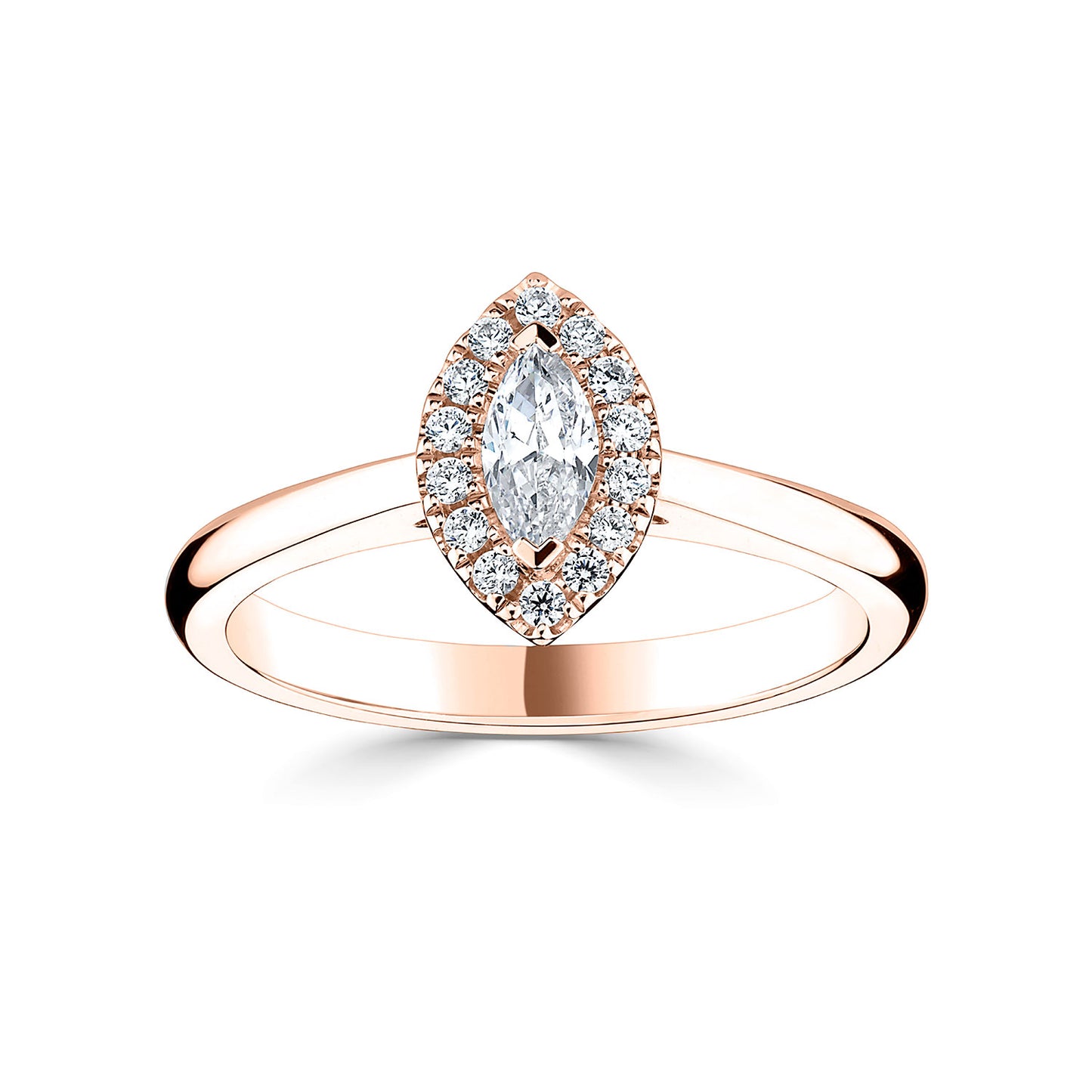 18ct Rose Gold Marquise Halo Style Diamond Ring With Plain shoulders