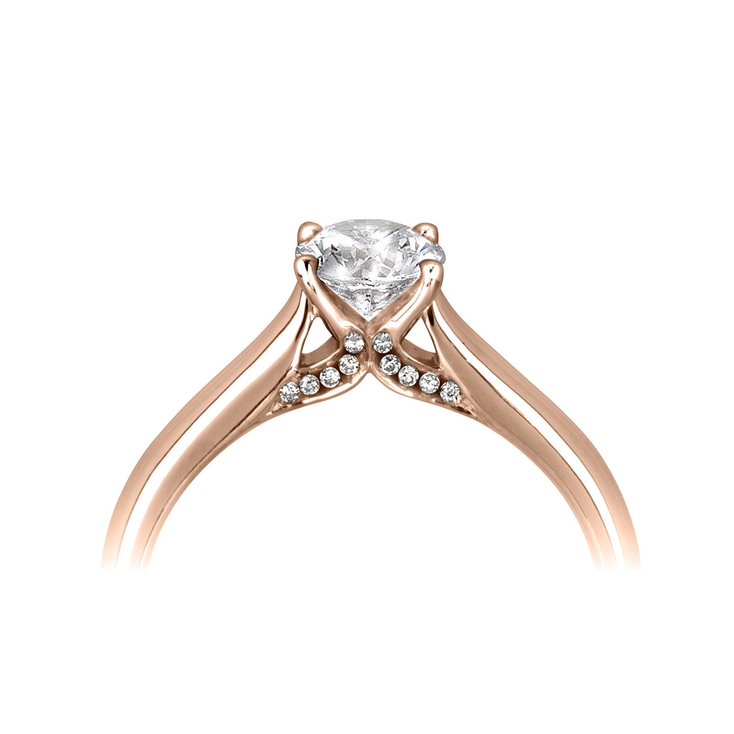 18ct Rose Gold Four Claw Diamond Set Solitaire Diamond Ring With Diamond Head Embelishment