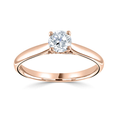 18ct Rose Gold Four Claw Diamond Set Solitaire Diamond Ring With Diamond Head Embelishment