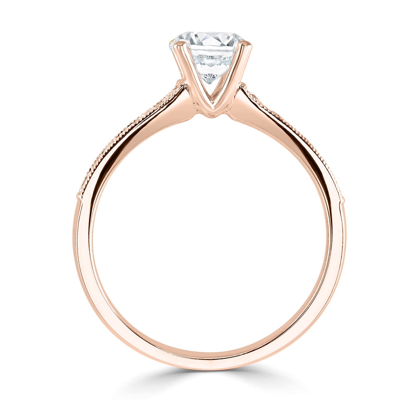 18ct Rose Gold Four Claw Diamond Ring With Milgrain And Diamond Shoulders