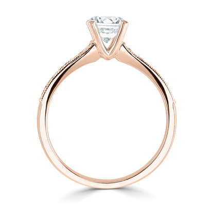 18ct Rose Gold Four Claw Diamond Ring With Milgrain And Diamond Shoulders