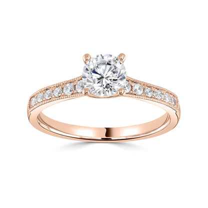 18ct Rose Gold Four Claw Diamond Ring With Milgrain And Diamond Shoulders