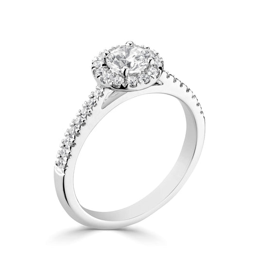 Platinum Diamond Set Halo Style Engagement Ring With Shoulder Stones