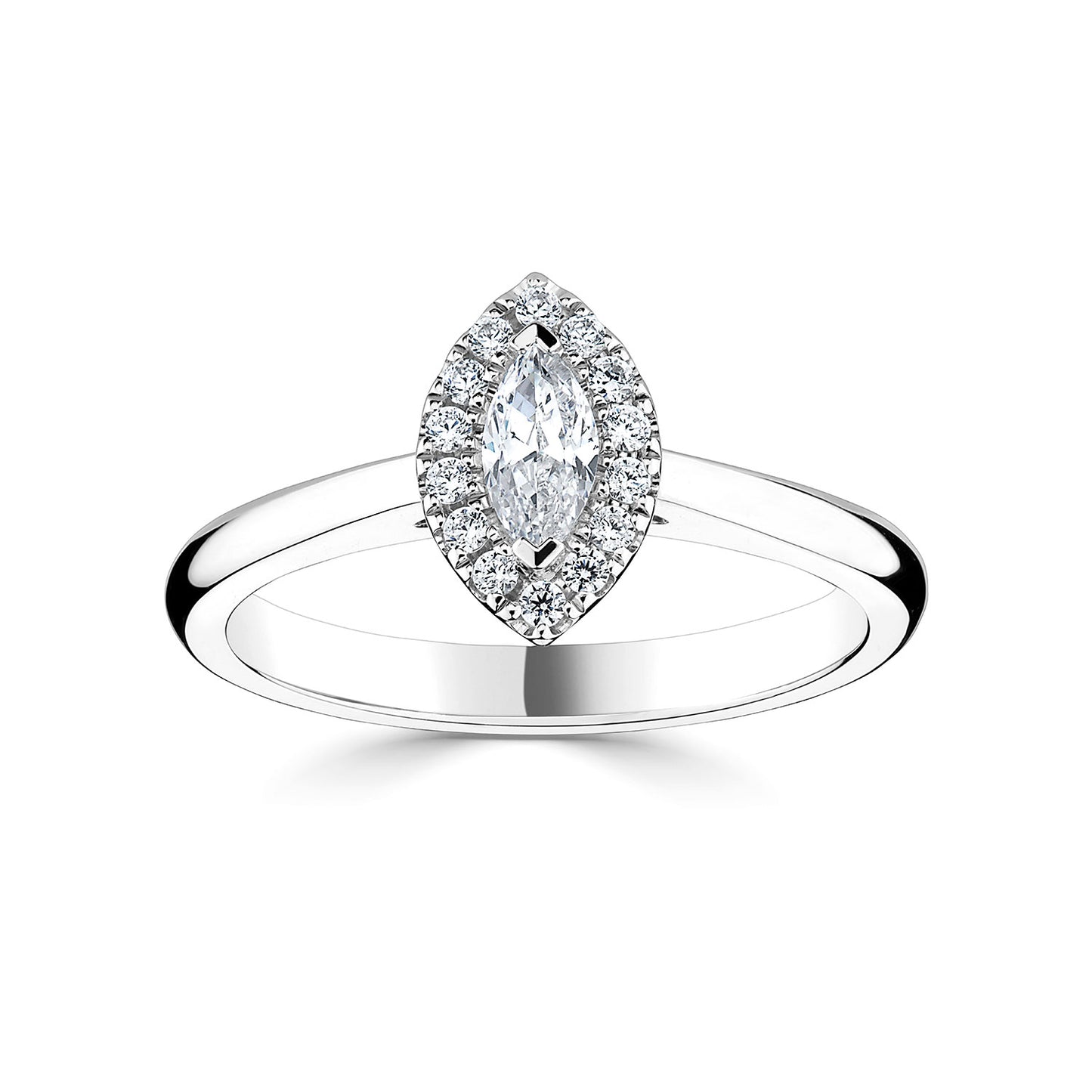 18ct White Gold Marquise Halo Style Diamond Ring With Plain shoulders