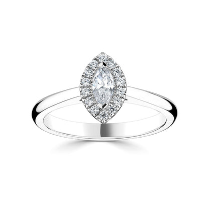 18ct White Gold Marquise Halo Style Diamond Ring With Plain shoulders