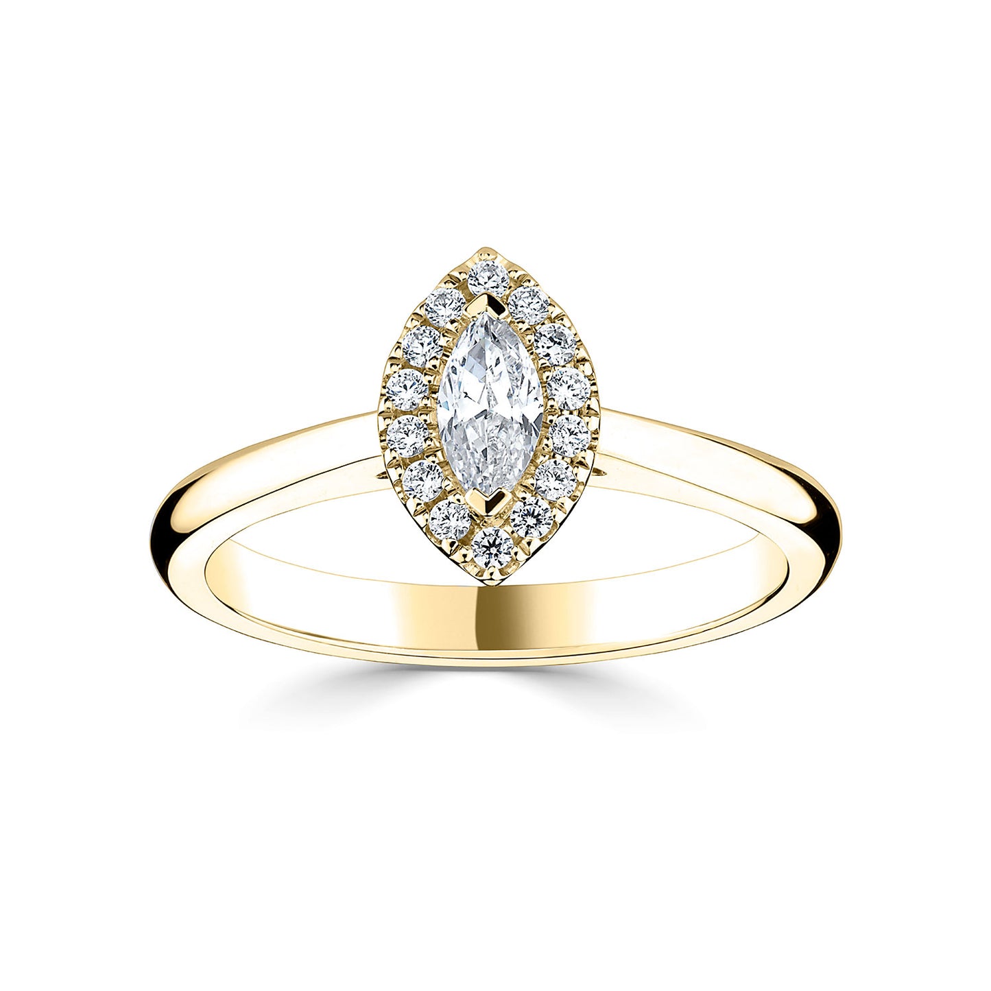 18ct Yellow Gold Marquise Halo Style Diamond Ring With Plain shoulders