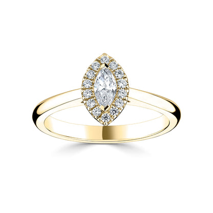 18ct Yellow Gold Marquise Halo Style Diamond Ring With Plain shoulders