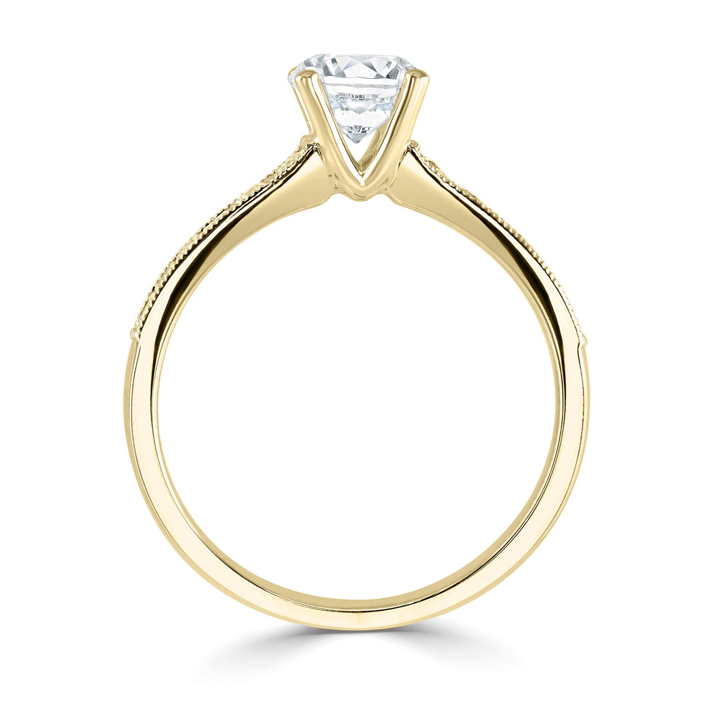 18ct Yellow Gold Four Claw Diamond Ring With Milgrain And Diamond Shoulders