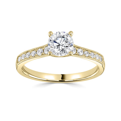 18ct Yellow Gold Four Claw Diamond Ring With Milgrain And Diamond Shoulders