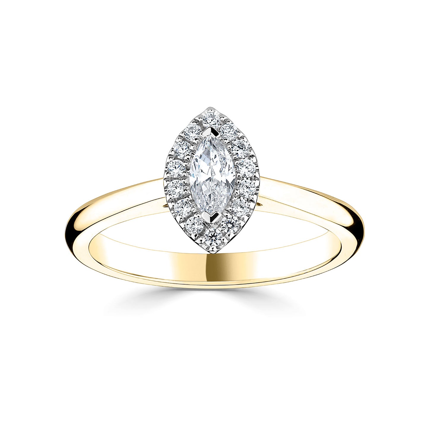 18ct Yellow Gold And Platinum Marquise Halo Style Diamond Ring With Plain shoulders