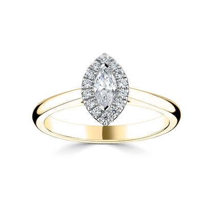 18ct Yellow Gold And Platinum Marquise Halo Style Diamond Ring With Plain shoulders