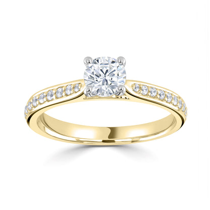 18ct Yellow Gold And Platinum Diamond Ring With Pave Set Rising Shoulders
