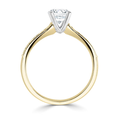 18ct Yellow Gold And Platinum Four Claw Diamond Ring With Milgrain And Diamond Shoulders