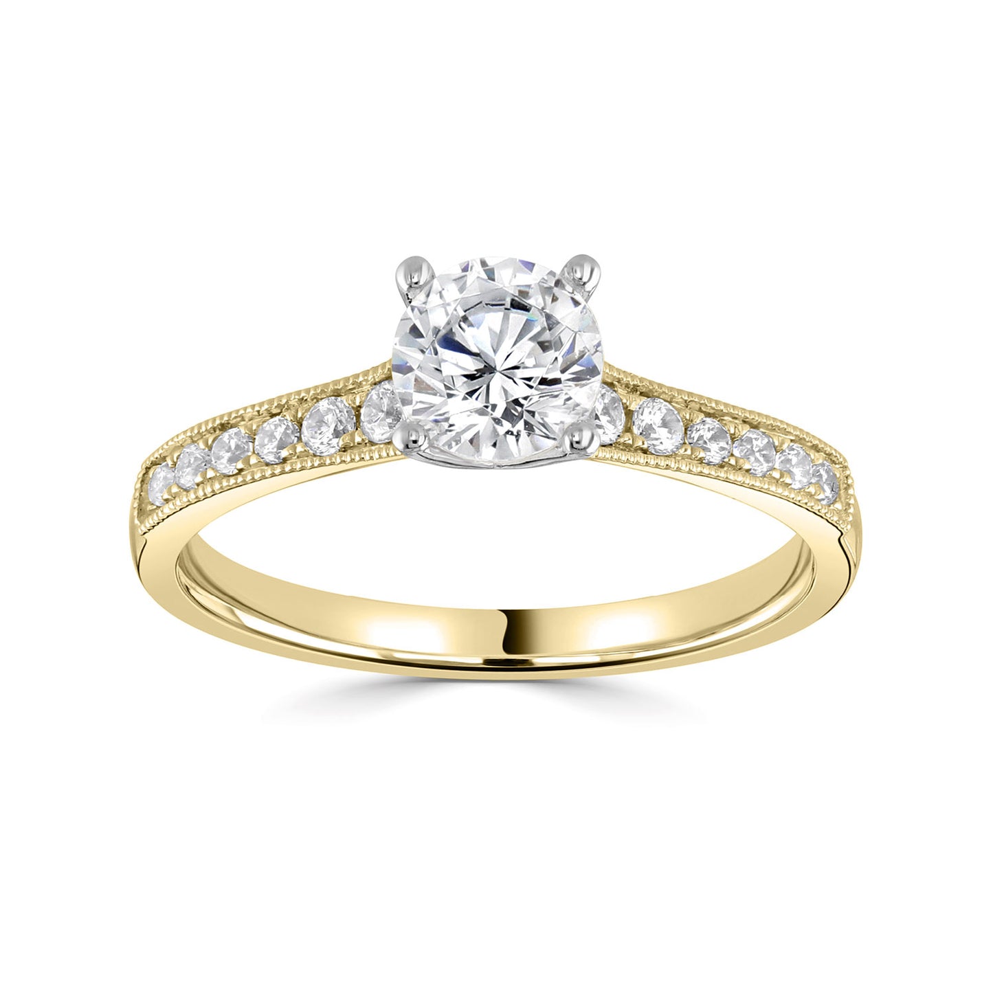18ct Yellow Gold And Platinum Four Claw Diamond Ring With Milgrain And Diamond Shoulders