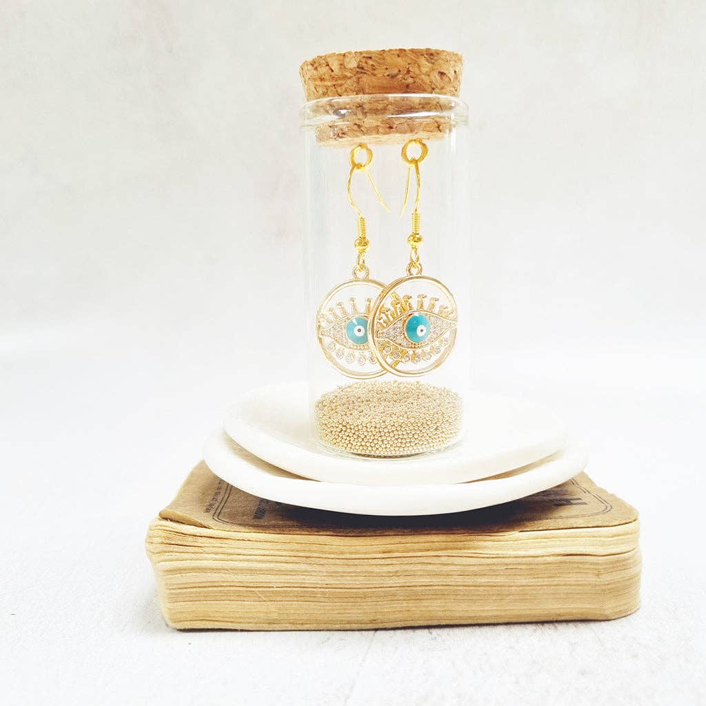 Gold Plated  Evil Eye Fish Hook Earrings in a Bottle