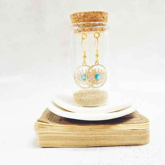 Gold Plated  Evil Eye Fish Hook Earrings in a Bottle