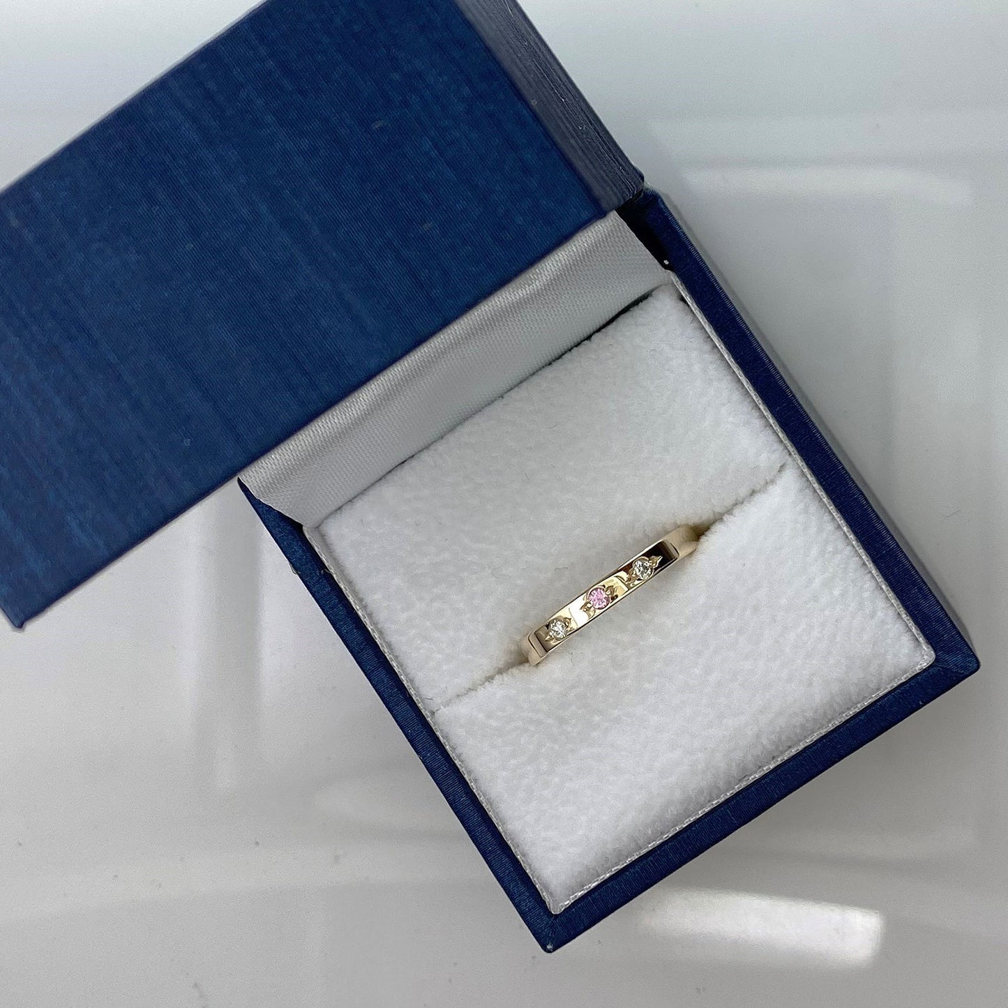 Three Diamond And Pink Sapphire Set 14ct Yellow Gold 2.5mm Wedding Ring