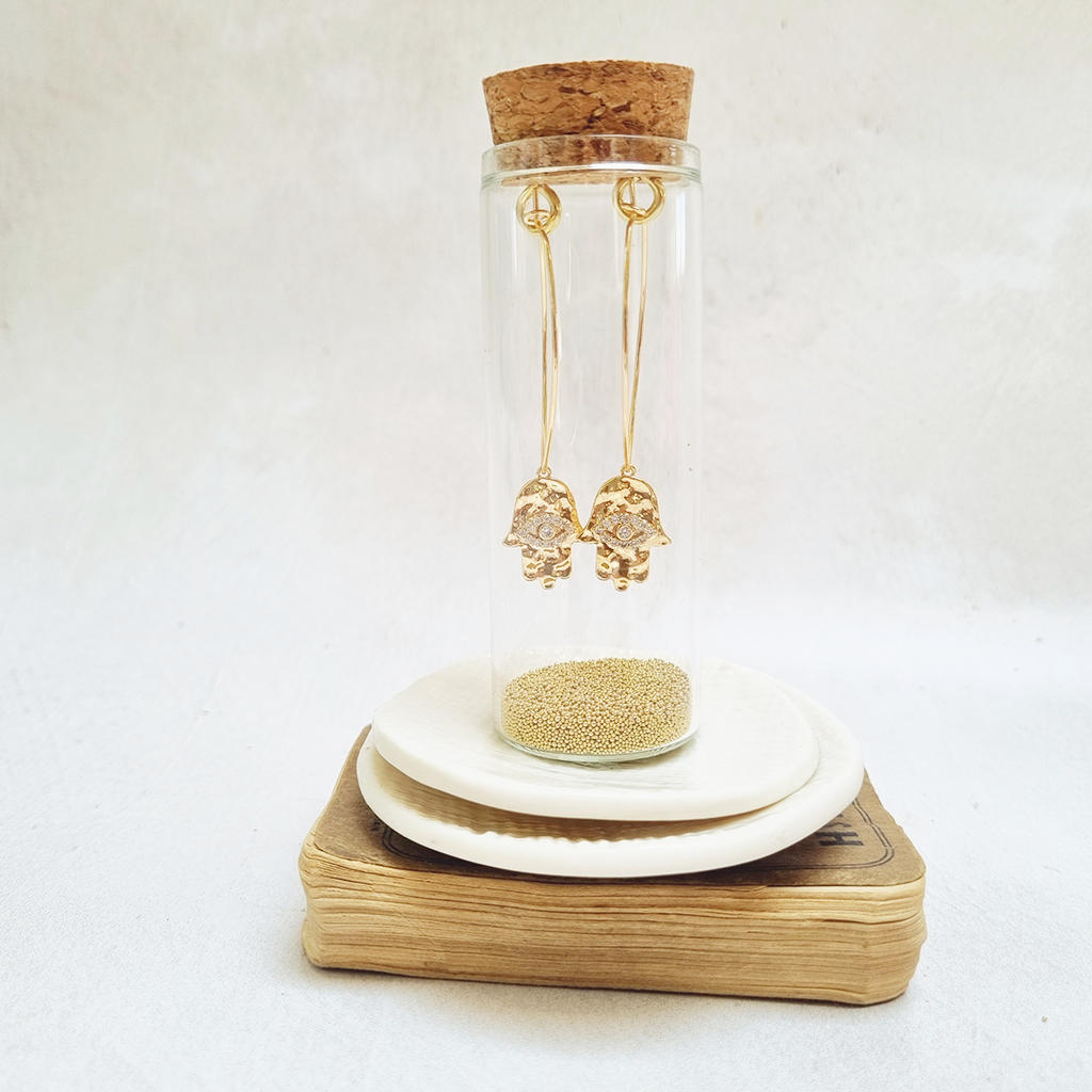 Gold Plated  Hamsa Hand Oval Hoop Earrings in a Bottle