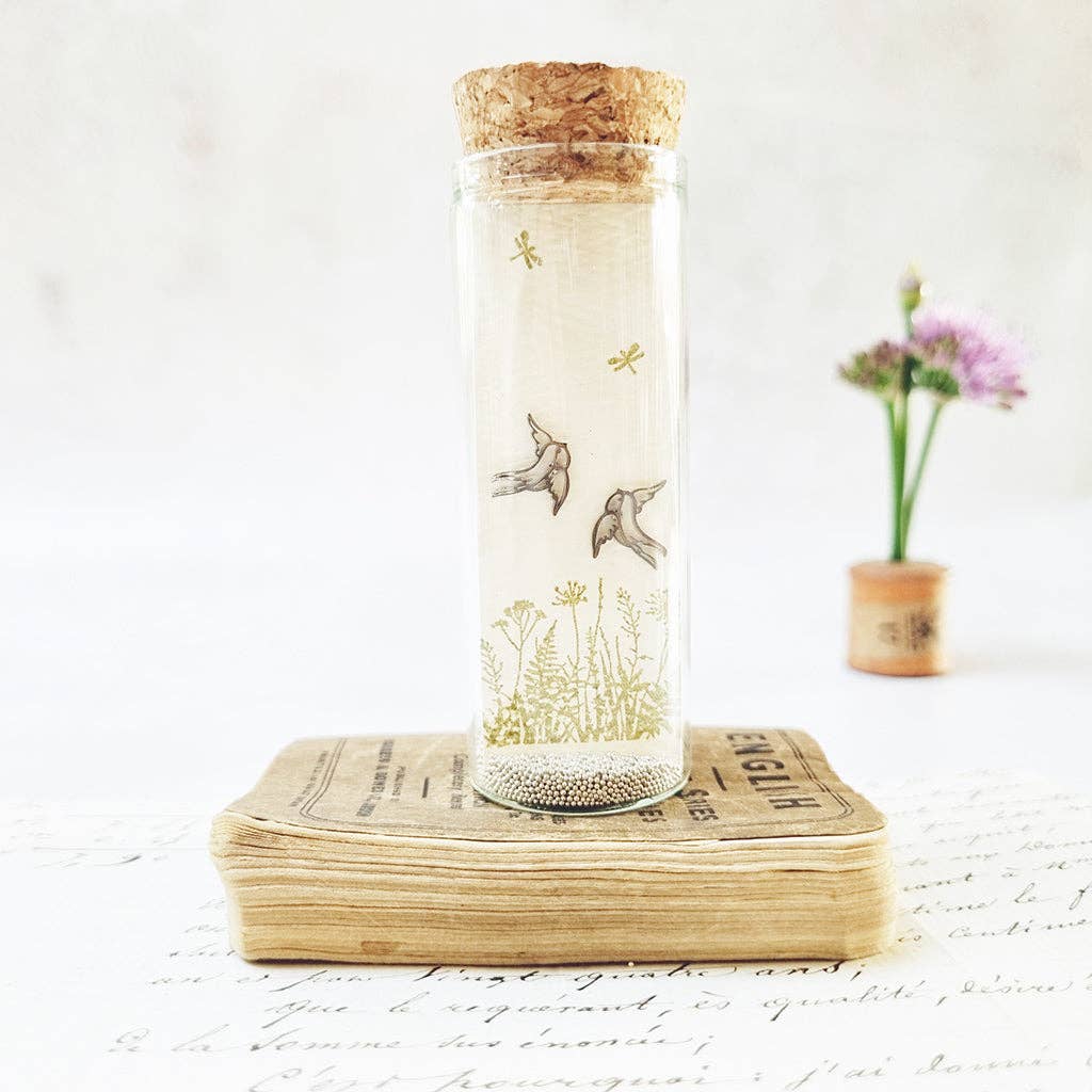 Delicate Blue Bird Stud Earrings in a Bottle