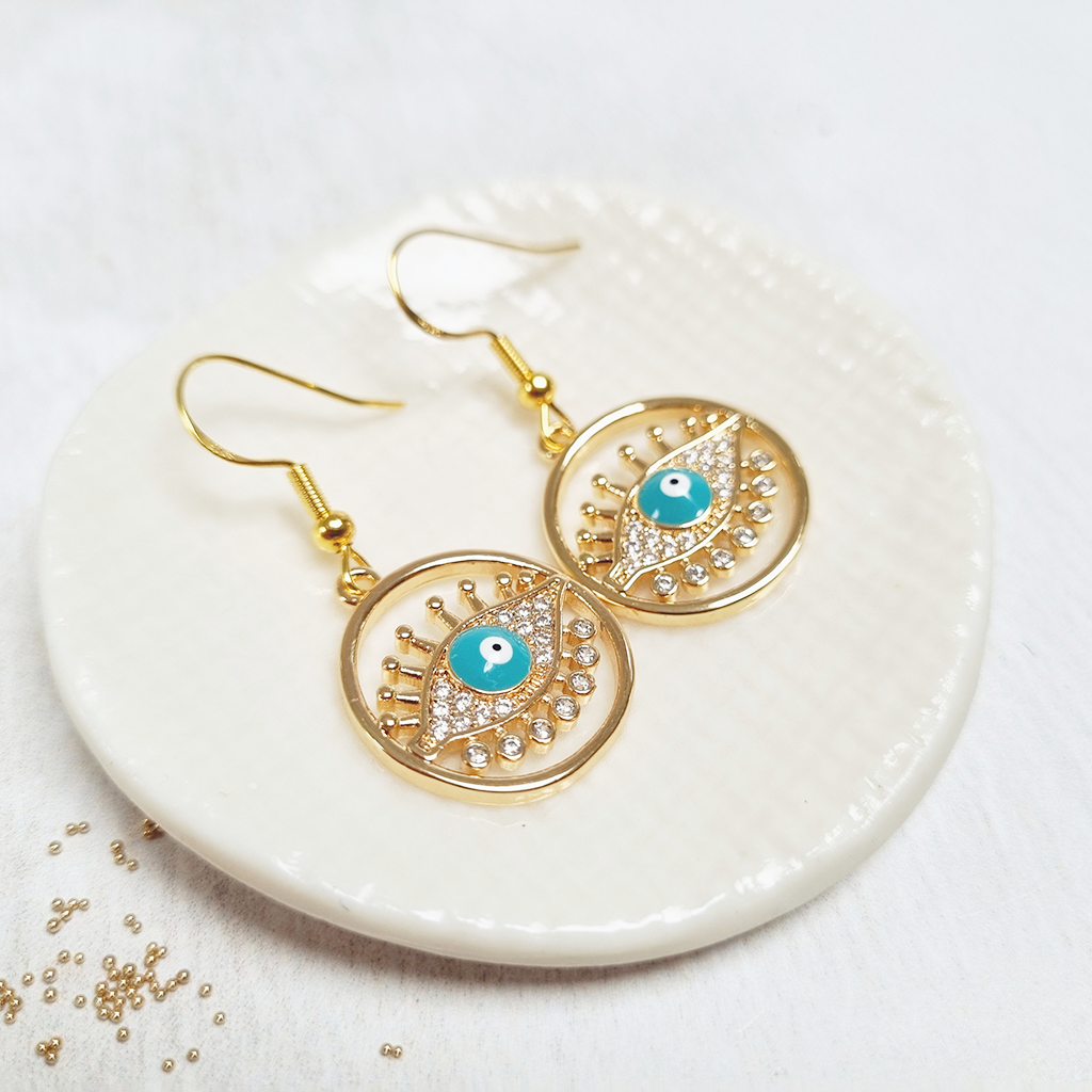 Gold Plated  Evil Eye Fish Hook Earrings in a Bottle