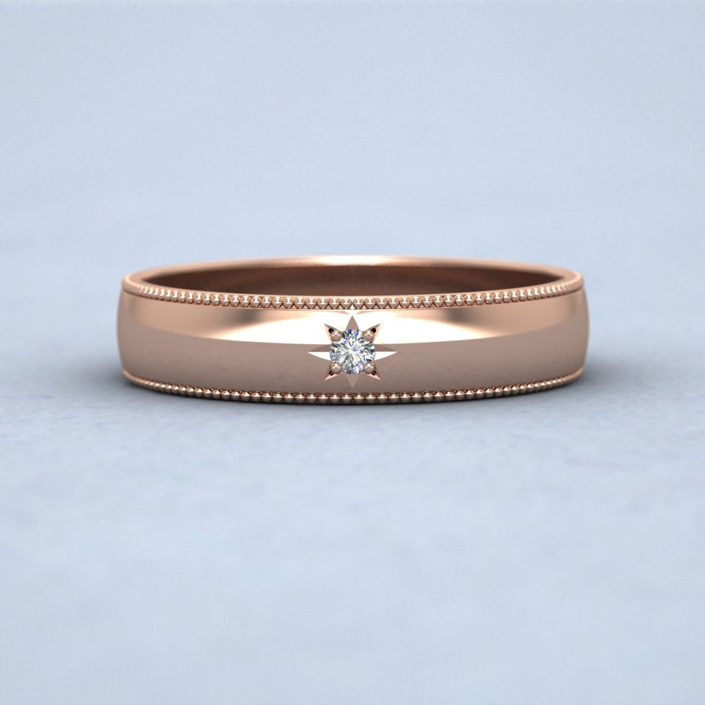 Millgrained Edge And Single Star Diamond Set 9ct Rose Gold 4mm Wedding Ring Down View