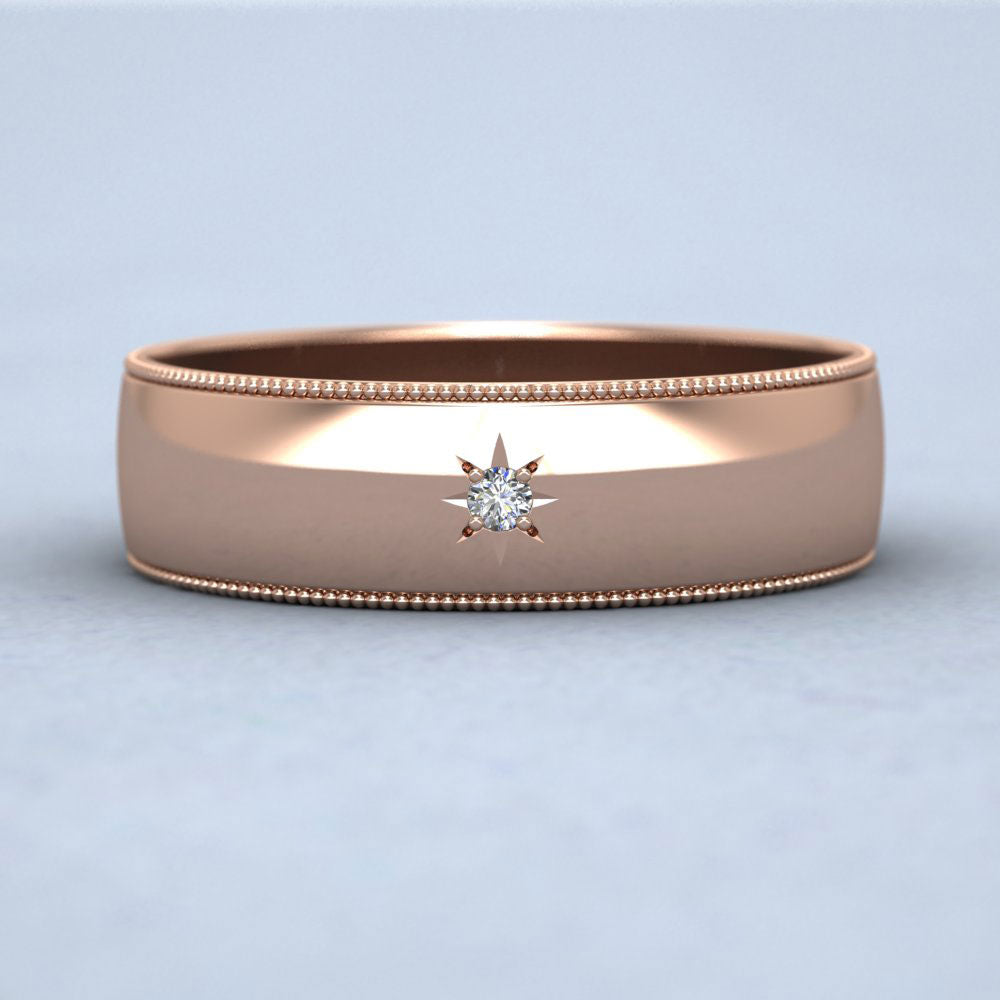 Millgrained Edge And Single Star Diamond Set 9ct Rose Gold 6mm Wedding Ring Down View