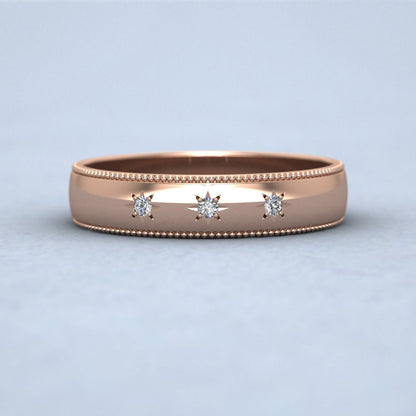 Millgrained Edge And Three Star Diamond Set 9ct Rose Gold 4mm Wedding Ring Down View