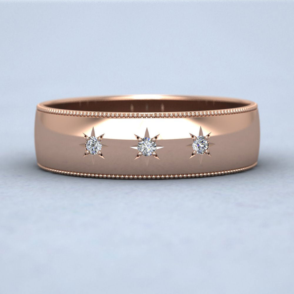 Millgrained Edge And Three Star Diamond Set 9ct Rose Gold 6mm Wedding Ring Down View